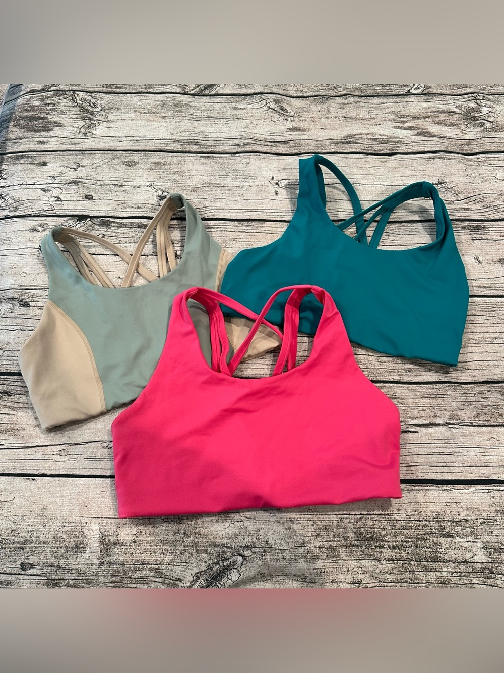 Lot of 3 Senita Athletics Strappy Sports Bras Pink, Teal, Light Sage Size Med